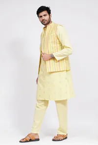 Set of 3: Yellow Stripe Nehru Jacket With Yellow Dobby Button Down Kurta and Pajama image 2