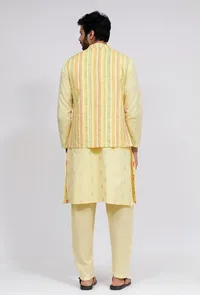 Set of 3: Yellow Stripe Nehru Jacket With Yellow Dobby Button Down Kurta and Pajama image 3