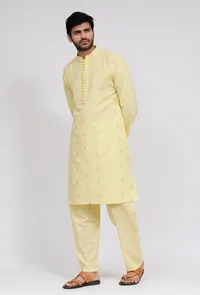 Set of 3: Yellow Stripe Nehru Jacket With Yellow Dobby Button Down Kurta and Pajama image 4