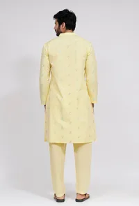 Set of 3: Yellow Stripe Nehru Jacket With Yellow Dobby Button Down Kurta and Pajama image 5