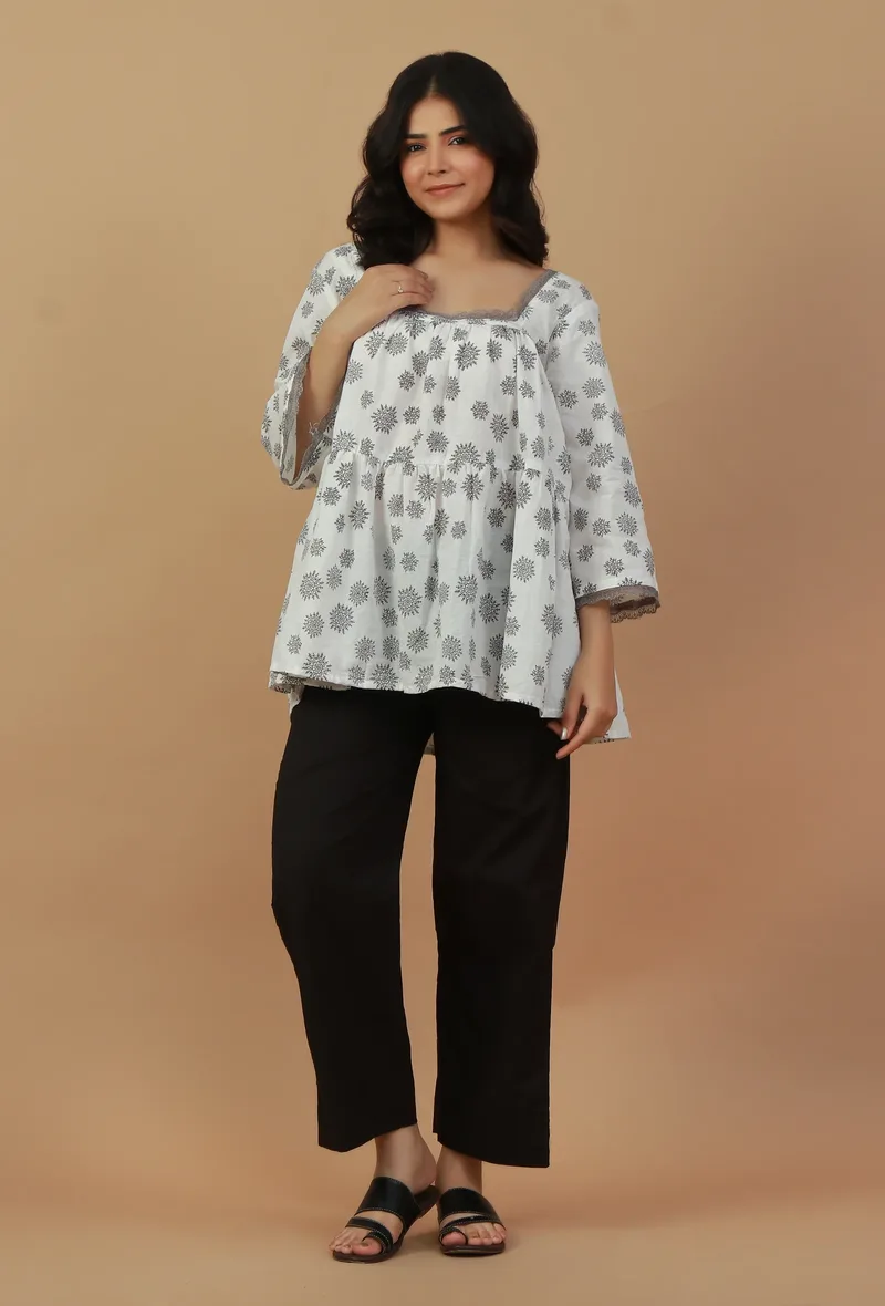Set of 2: White Printed Tunic with Black Cotton Pant