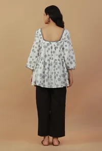 Set of 2: White Printed Tunic with Black Cotton Pant image 3