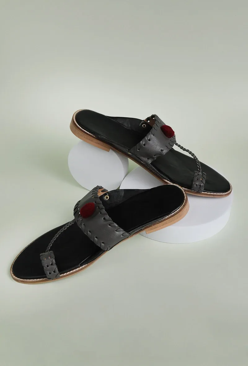 Grey Pom Pom Cruelty-Free Leather Sandal
