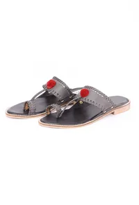 Grey Pom Pom Cruelty-Free Leather Sandal image 3