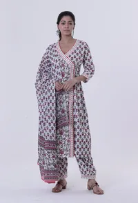 Set Of 3: Multicolored Cotton Angrakha With Pant & Dupatta image 1