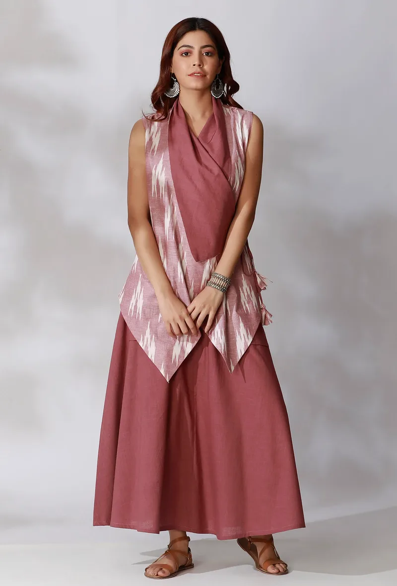 Set Of 2- Maeve Ikkat Reversible Wrap Around Shirt with Mauve Skirt With Pockets