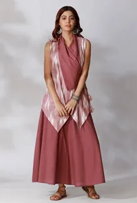 Set Of 2- Maeve Ikkat Reversible Wrap Around Shirt with Mauve Skirt With Pockets image 1