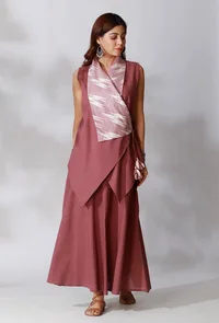 Set Of 2- Maeve Ikkat Reversible Wrap Around Shirt with Mauve Skirt With Pockets image 2