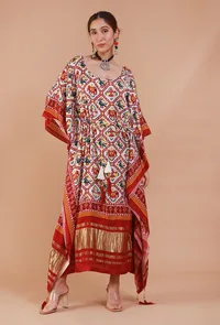 White & Maroon Digital Print Modal Silk Kaftan image 1
