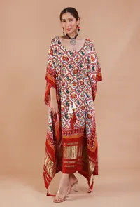 White & Maroon Digital Print Modal Silk Kaftan image 2
