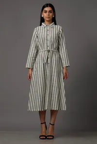 Green and White Stripes Pure Woven Cotton Dress image 1