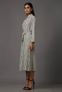 Green and White Stripes Pure Woven Cotton Dress image 2