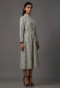 Green and White Stripes Pure Woven Cotton Dress image 3