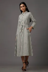 Green and White Stripes Pure Woven Cotton Dress image 4