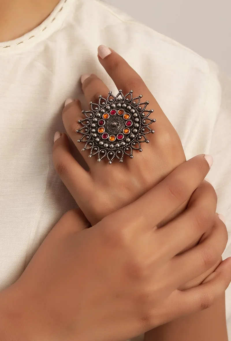 Oxidized SIlver Afghani Blackish Look Pink/Orange Stone Designer Adjustable Ring