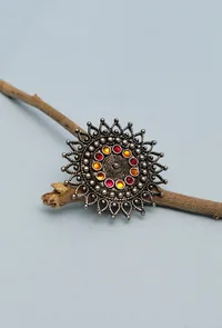 Oxidized SIlver Afghani Blackish Look Pink/Orange Stone Designer Adjustable Ring image 2
