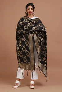Black Color Semi Silk Dupatta With Zari Weaving image 1