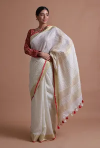 White Red Color Cotton Linen Saree With Unstitched Blouse image 1