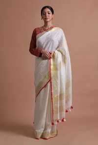 White Red Color Cotton Linen Saree With Unstitched Blouse image 2