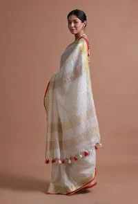 White Red Color Cotton Linen Saree With Unstitched Blouse image 3