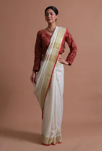 White Red Color Cotton Linen Saree With Unstitched Blouse image 4
