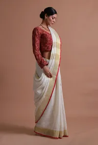 White Red Color Cotton Linen Saree With Unstitched Blouse image 5