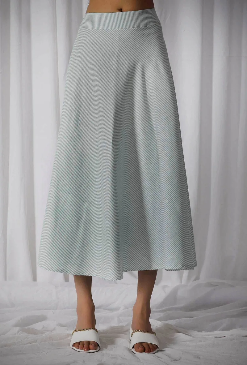 Green Cotton Striped Flared Skirt