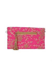 French Pink Zari Embroidered Silk Envelope Clutch image 6
