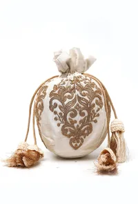 White Dupion Silk Potli with Gold Strings image 2