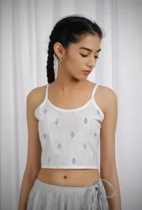 White Cotton Slub Blue Block Printed Slip Top image 1