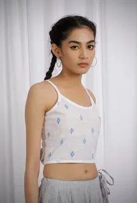 White Cotton Slub Blue Block Printed Slip Top image 2