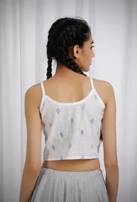 White Cotton Slub Blue Block Printed Slip Top image 3