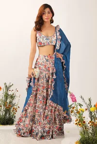 Set Of 3: Bella Floral Chintz Blouse With Lehanga Skirt & Organza Ruffled Dupatta image 1