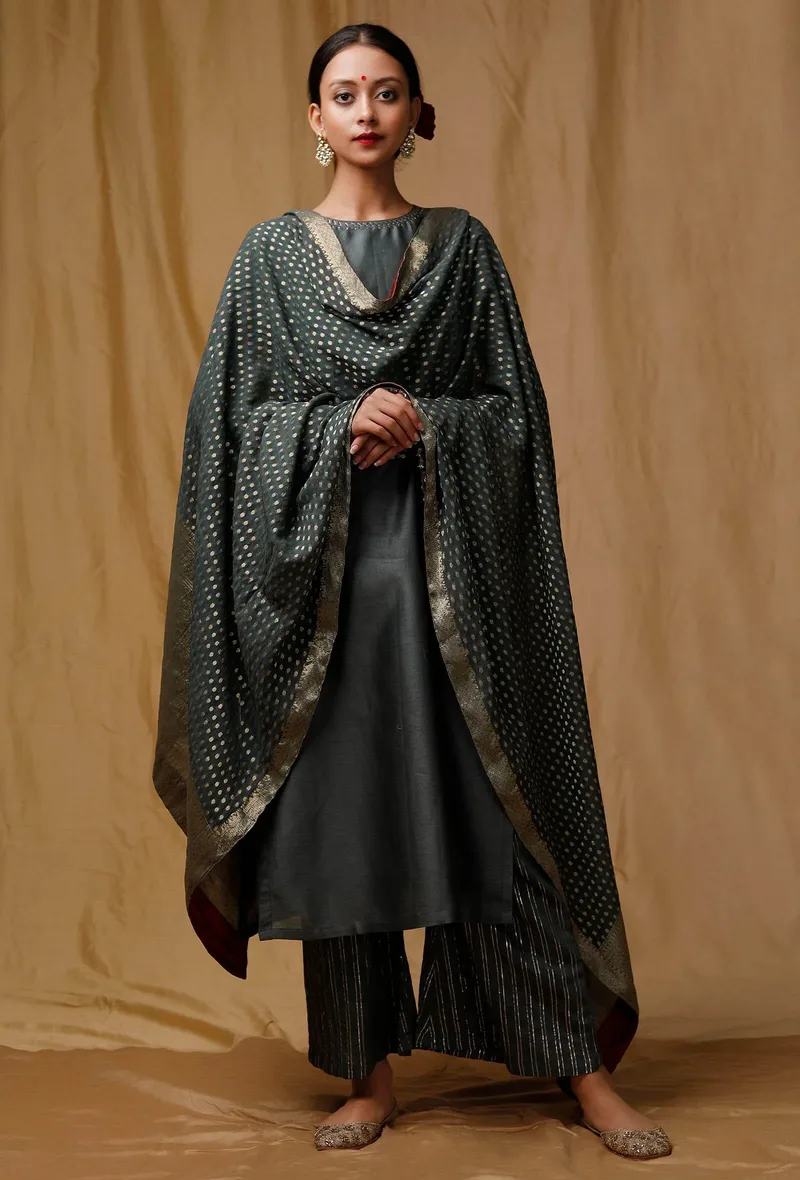 Set of 3: Grey Banarsi Kurta and Stripes Chanderi Silk Pallazo With Grey Banarsi Chanderi Dupatta