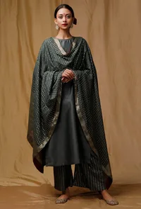 Set of 3: Grey Banarsi Kurta and Stripes Chanderi Silk Pallazo With Grey Banarsi Chanderi Dupatta image 1