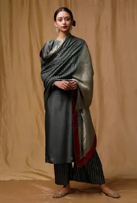 Set of 3: Grey Banarsi Kurta and Stripes Chanderi Silk Pallazo With Grey Banarsi Chanderi Dupatta image 3