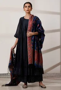 Set of 3: Black Kalidar Kurta with Palazzo with Blue Kani Dupatta image 1