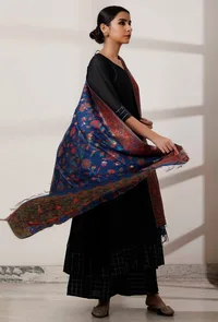 Set of 3: Black Kalidar Kurta with Palazzo with Blue Kani Dupatta image 2