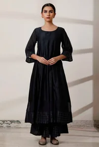Set of 3: Black Kalidar Kurta with Palazzo with Blue Kani Dupatta image 5