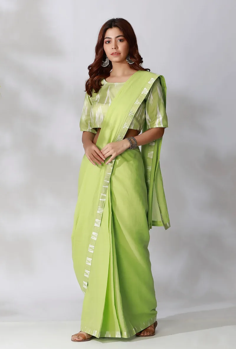 Lime Green Ikkat Border Plain Saree