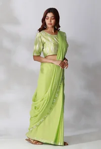 Lime Green Ikkat Border Plain Saree image 2