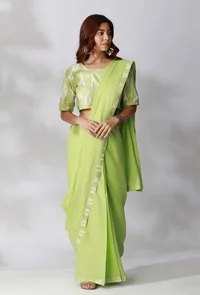 Lime Green Ikkat Border Plain Saree image 3