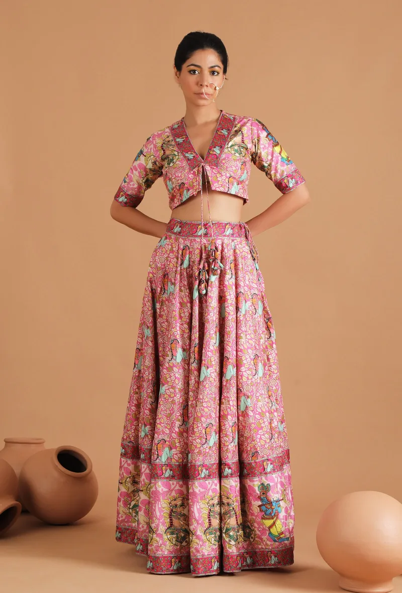 Set Of 2: Anika Allover Kalamkari Lehanga Set