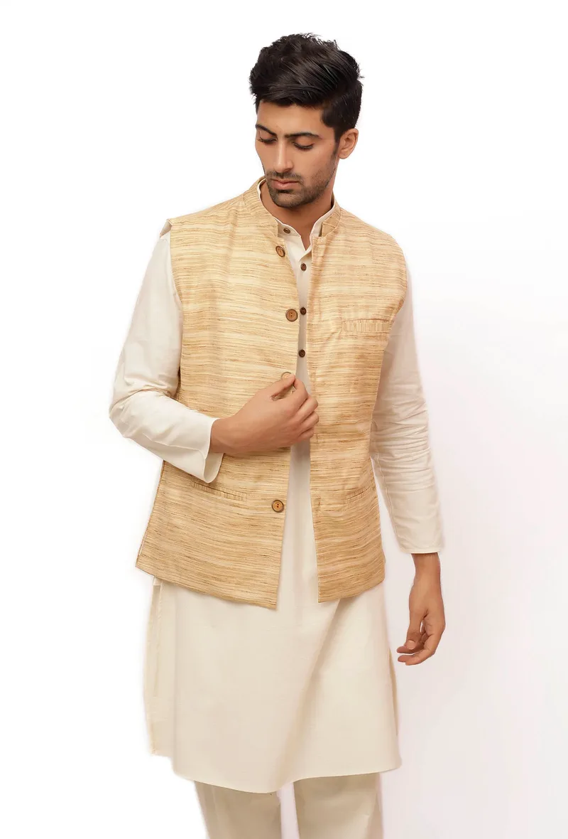 Coconut Cream Matka Silk Nehru Jacket