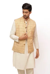 Coconut Cream Matka Silk Nehru Jacket image 1