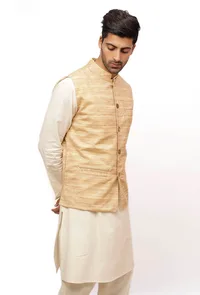 Coconut Cream Matka Silk Nehru Jacket image 3