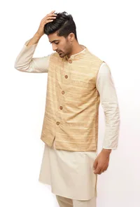 Coconut Cream Matka Silk Nehru Jacket image 4