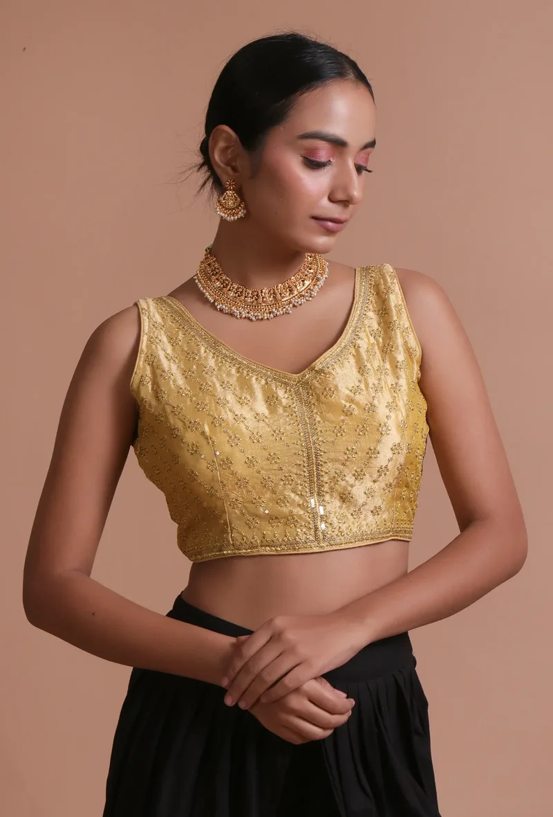 Golden Color Raw Silk Embroidered Blouse