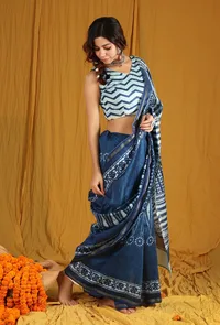NoorTaj Chanderi Hand Block Printed Saree With Blouse image 1