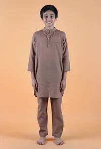 Set Of 2: Brown Mulmul Kurta & Pant image 1
